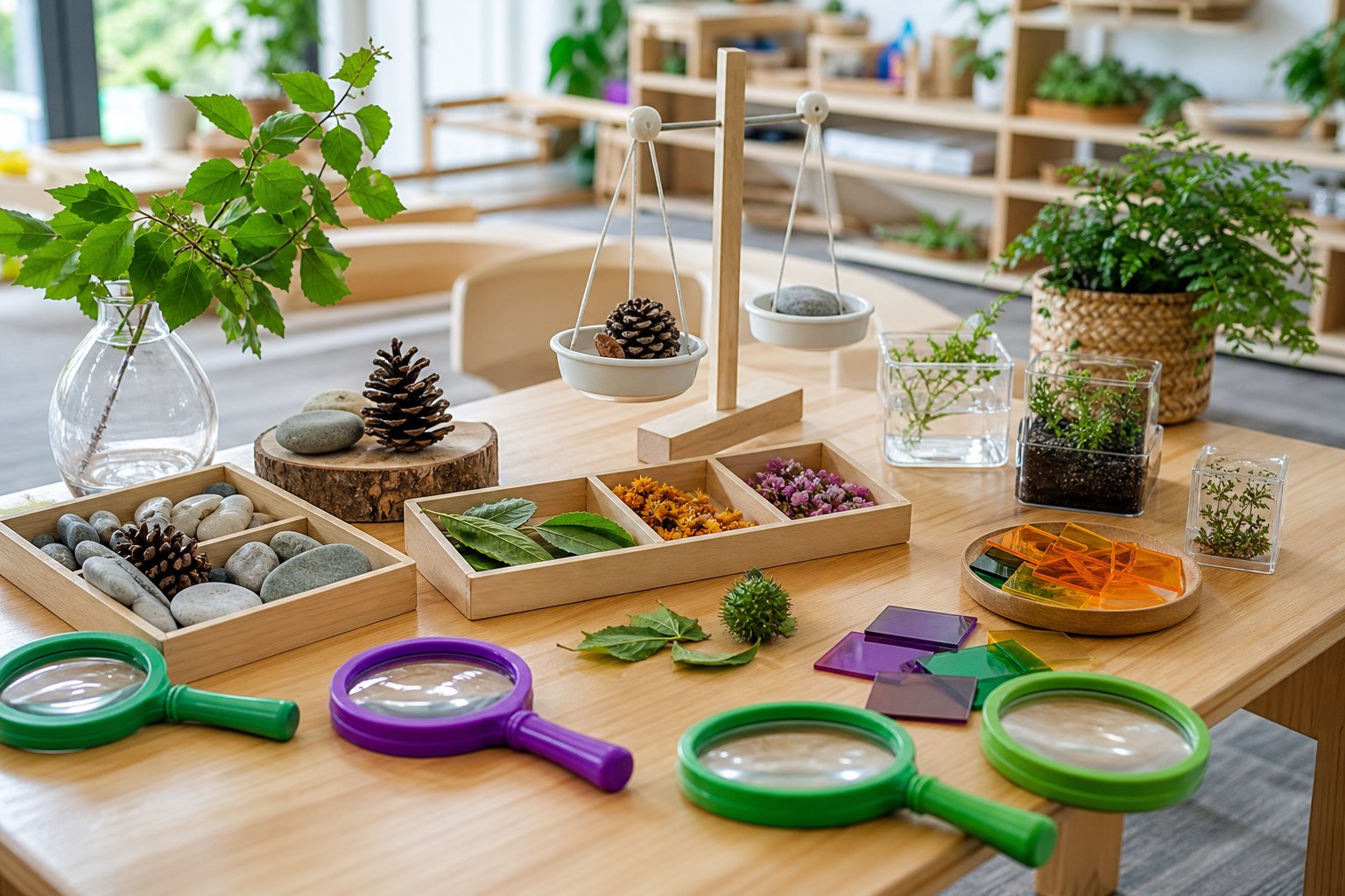 Science discovery materials with plants, stones, and magnifying glasses