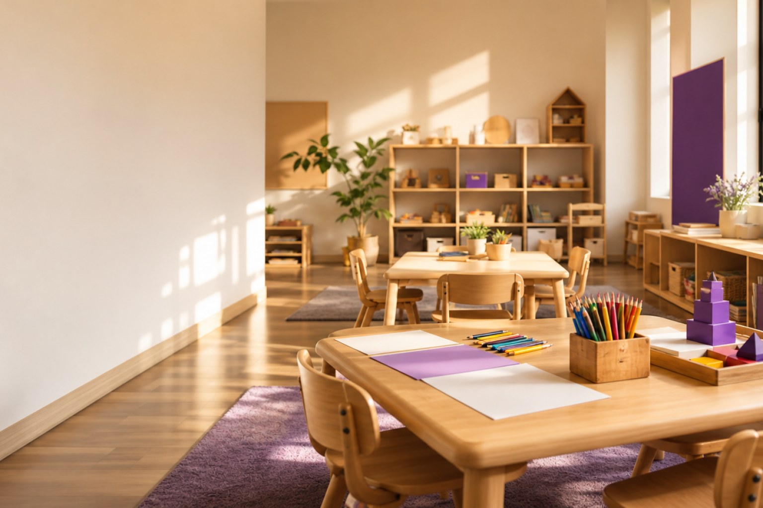 Warm empty classroom with wooden tables and learning materials